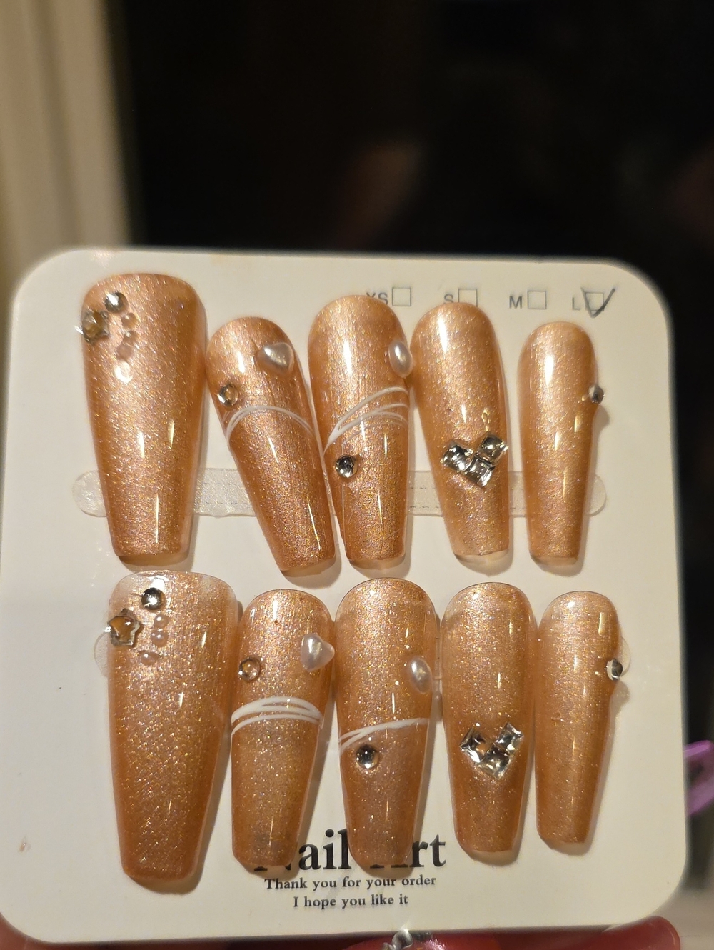 Peach Shimmer Press-On Nails with Rhinestone Accents - Size Large